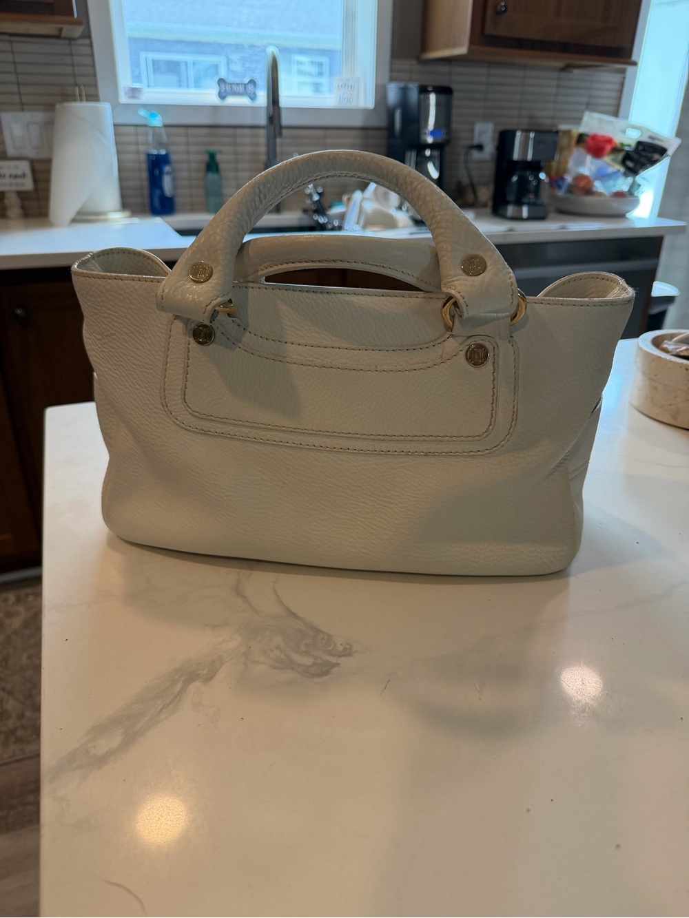 Celine White Leather Top-Handle Satchel with Gold Hardware